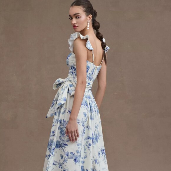 V. CHAPMAN Vera Ruffle Corset Midi Dress In Provencal Blue Floral (size 10) NWT - Picture 2 of 14